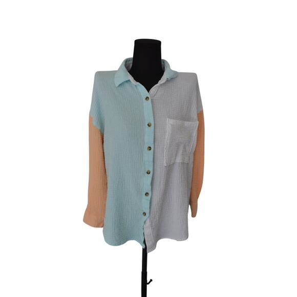 Simply Southern Pastel Color block Button Up Gauzy Cotton Size Small Shirt - Picture 1 of 5